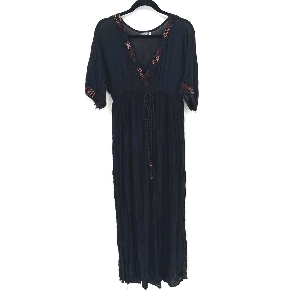 Earthbound Trading Co Black Boho Embroidered Maxi Dress Small Gauze Festival